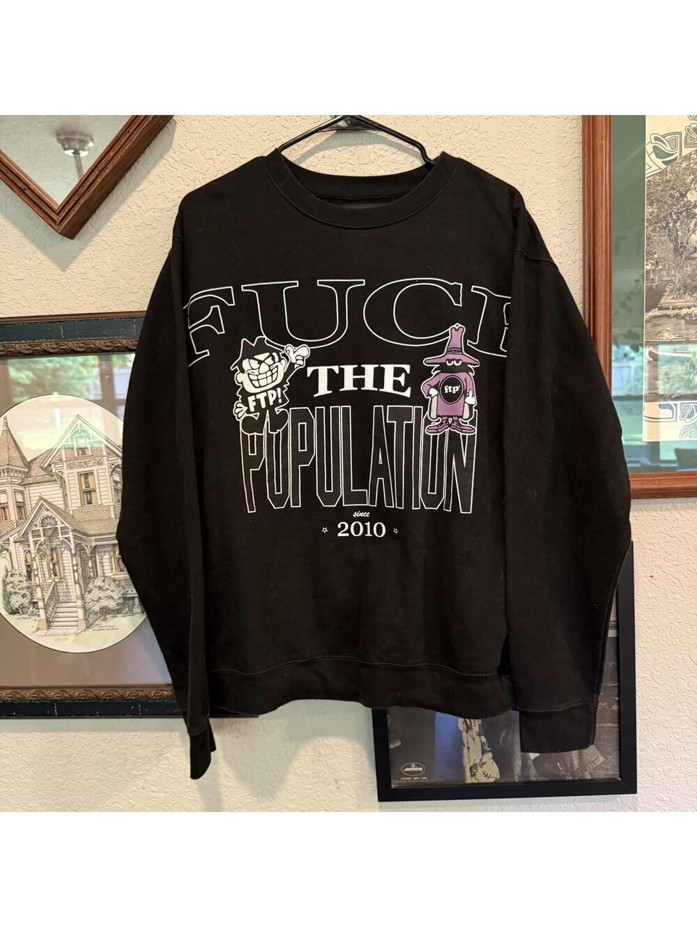 FTP F The Population Boris & Spook Designer Crewneck Sweatshirt Black Medium